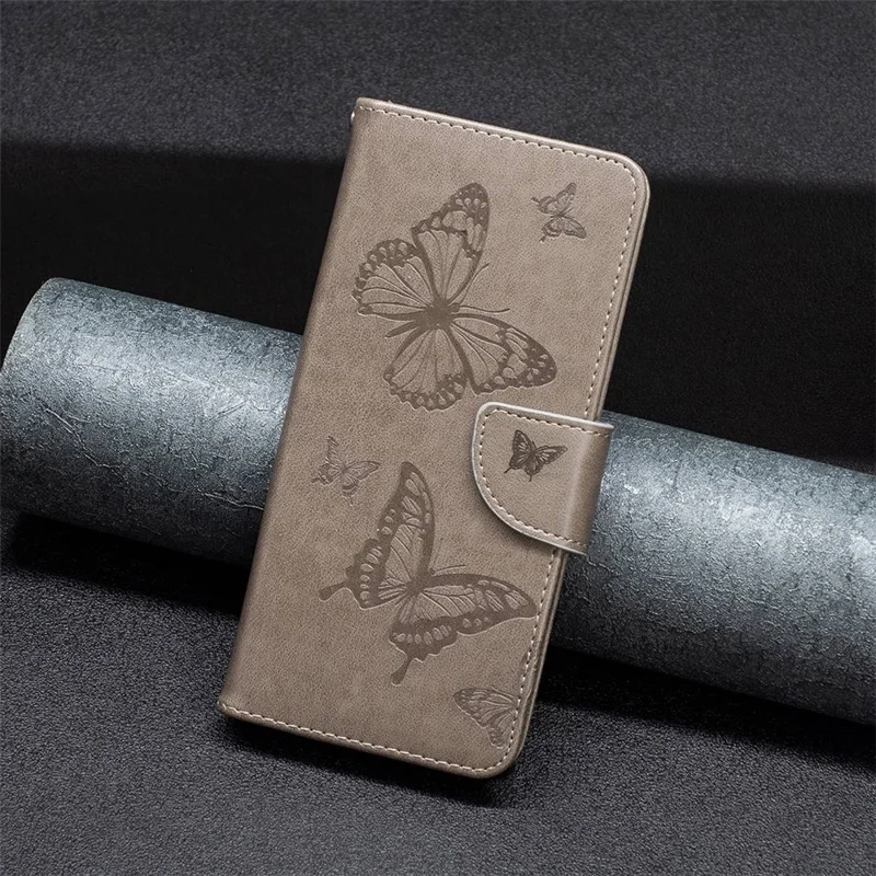For iPhone 14 Pro Wallet Case Imprinted Butterflies Leather Phone Cover with Strap - Grey