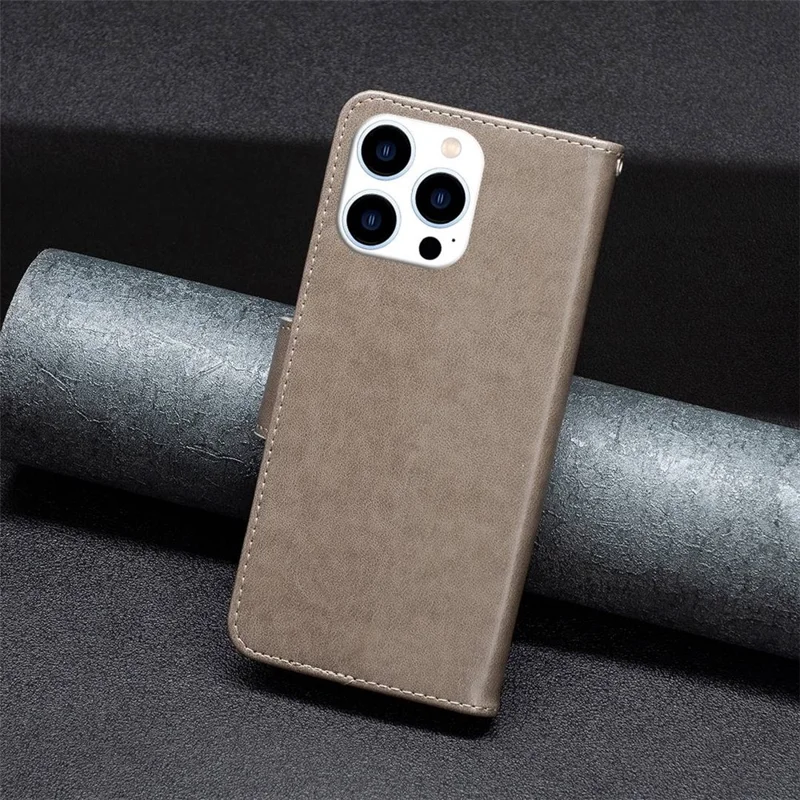 For iPhone 14 Pro Wallet Case Imprinted Butterflies Leather Phone Cover with Strap - Grey
