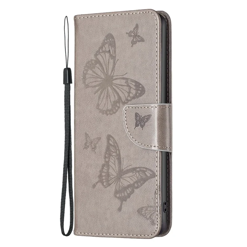For iPhone 14 Pro Wallet Case Imprinted Butterflies Leather Phone Cover with Strap - Grey