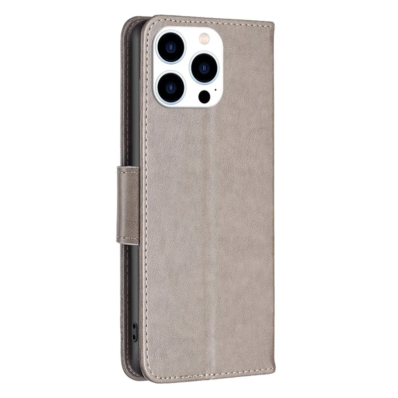For iPhone 14 Pro Wallet Case Imprinted Butterflies Leather Phone Cover with Strap - Grey