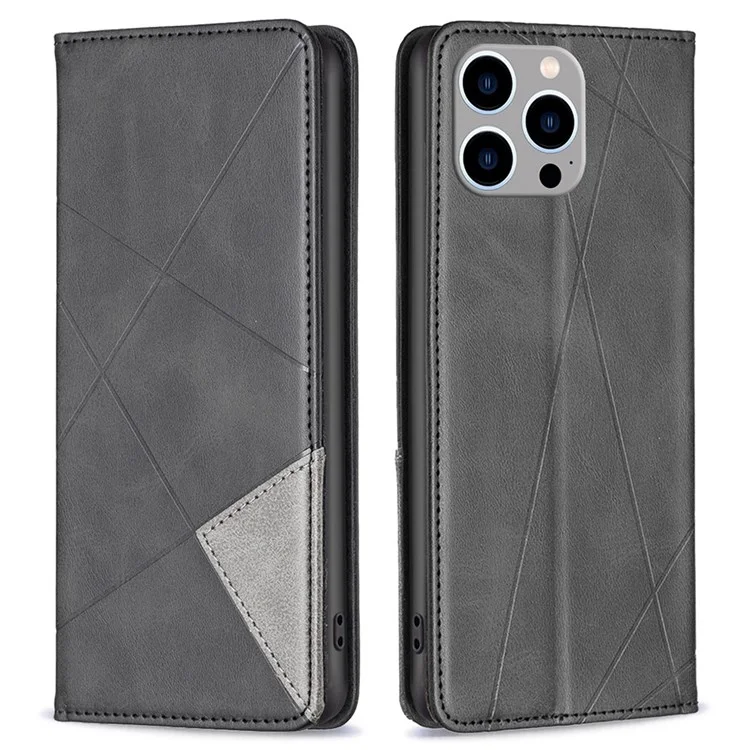 For iPhone 14 Pro Leather Case with Card Holder Imprinting Pattern Phone Stand Cover - Black