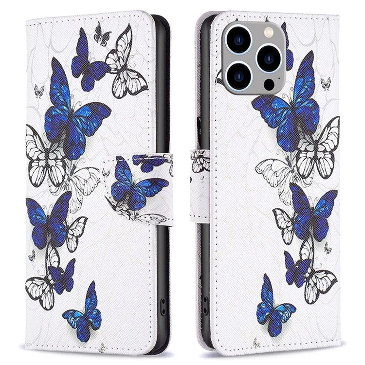 For iPhone 14 Pro Max Leather Case Pattern Printing Wallet Stand Flip Mobile Cover - Butterflies