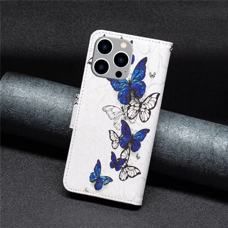 For iPhone 14 Pro Max Leather Case Pattern Printing Wallet Stand Flip Mobile Cover - Butterflies