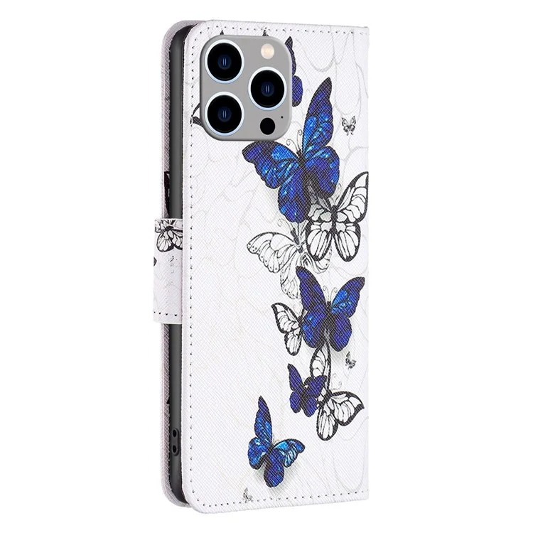 For iPhone 14 Pro Max Leather Case Pattern Printing Wallet Stand Flip Mobile Cover - Butterflies