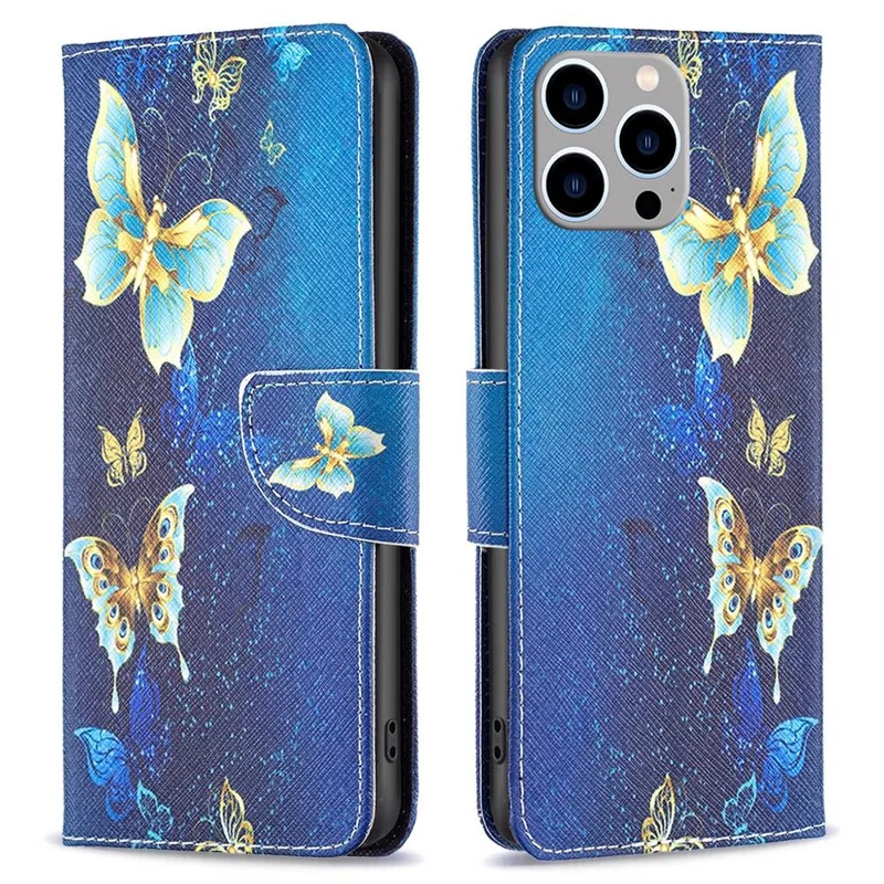 For iPhone 14 Pro Max Leather Case Pattern Printing Wallet Stand Flip Mobile Cover - Golden Butterflies