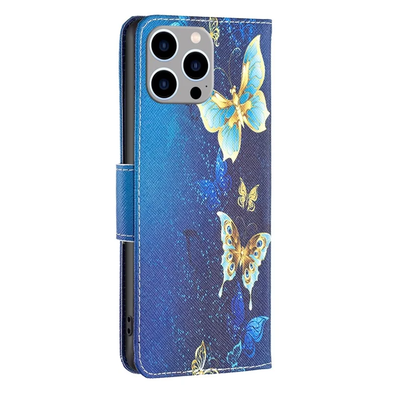For iPhone 14 Pro Max Leather Case Pattern Printing Wallet Stand Flip Mobile Cover - Golden Butterflies