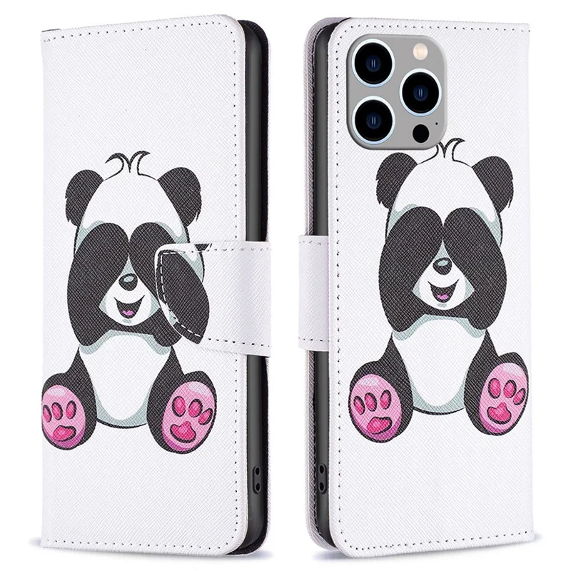 For iPhone 14 Pro Max Leather Case Pattern Printing Wallet Stand Flip Mobile Cover - Panda