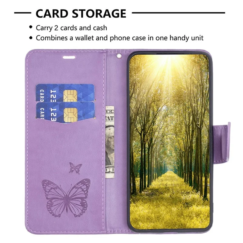 For iPhone 14 Pro Max Wallet Case Imprinted Butterflies Leather Phone Cover with Strap - Purple