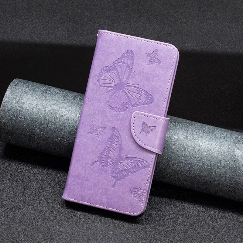 For iPhone 14 Pro Max Wallet Case Imprinted Butterflies Leather Phone Cover with Strap - Purple