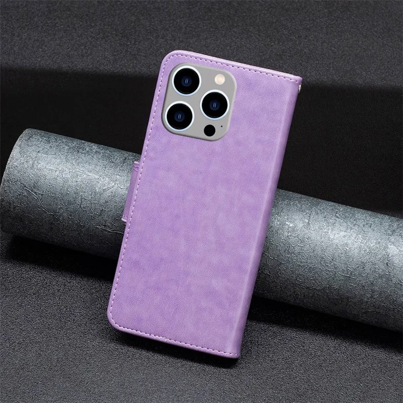 For iPhone 14 Pro Max Wallet Case Imprinted Butterflies Leather Phone Cover with Strap - Purple