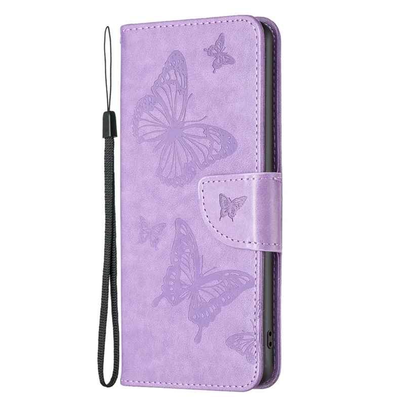 For iPhone 14 Pro Max Wallet Case Imprinted Butterflies Leather Phone Cover with Strap - Purple