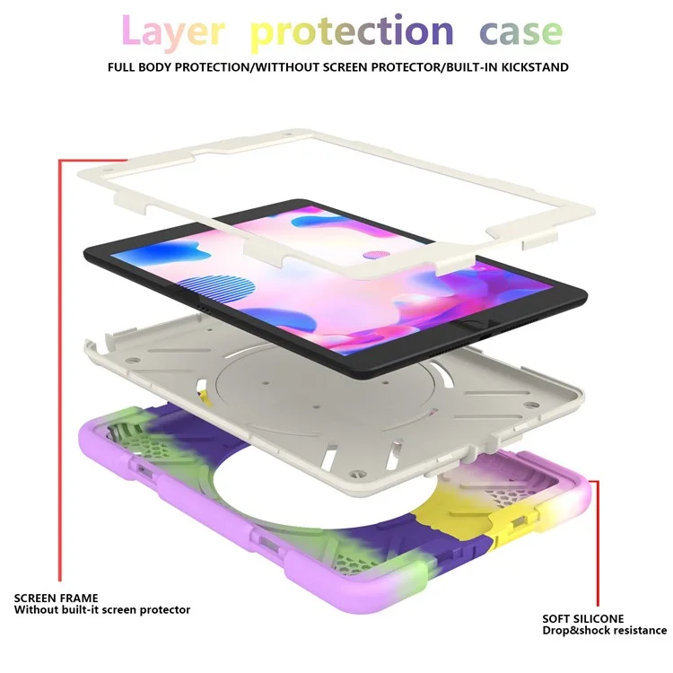 Para IPad 10.2 (2021)/(2019)/(2020) Case De Amortiguadores Anti-caza Cubierta De Cubierta De Tableta Capa De Protección Portátil Resistente A Rasguños Con Soporte De Patada/lápiz - Colorido Púrpura