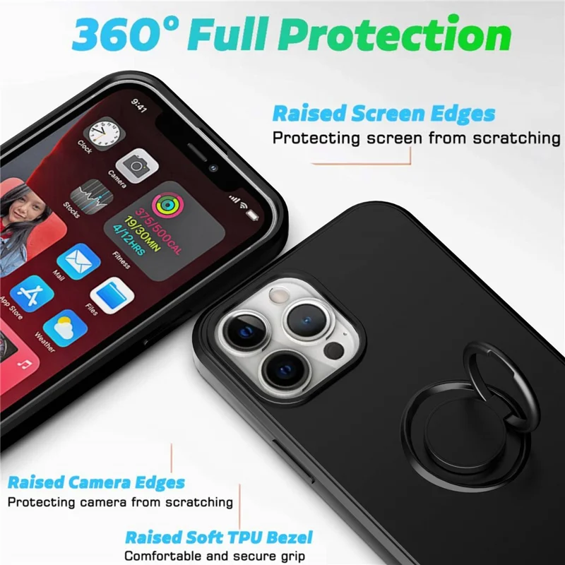 Ring Kickstand TPU Case for iPhone 13 Pro 6.1 inch, Drop-proof Rubberized Phone Protective Cover - Black