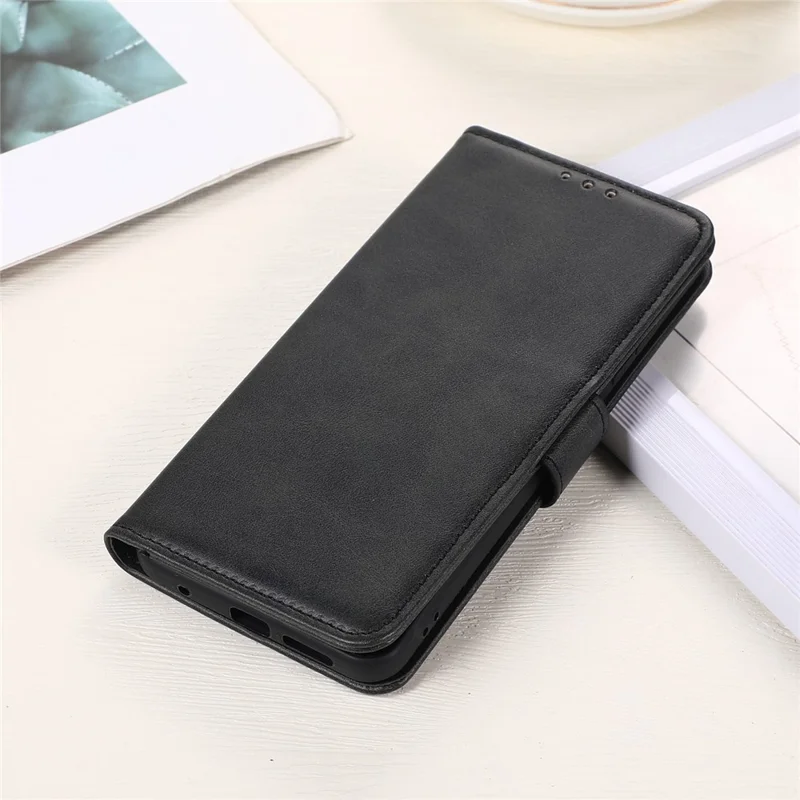 For iPhone 14 6.1 inch Shockproof Phone Cover Textured PU Leather Stand Wallet Scratch Resistant Mobile Phone Case Magnetic Design Protective Shell - Black