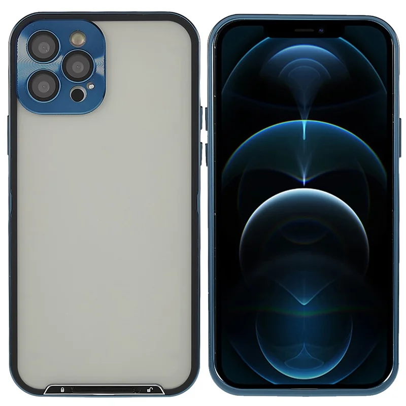 For iPhone 12 Pro 6.1 inch Anti-scratch Translucent Matte Cover Aluminium Alloy Bumper Frame Mobile Phone Case with Camera Lens Protector - Blue