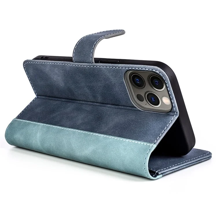 For iPhone 12 6.1 inch/12 Pro 6.1 inch Color Splicing Wallet Phone Case PU Leather Stand Full Protection Flip Folio Cover - Blue