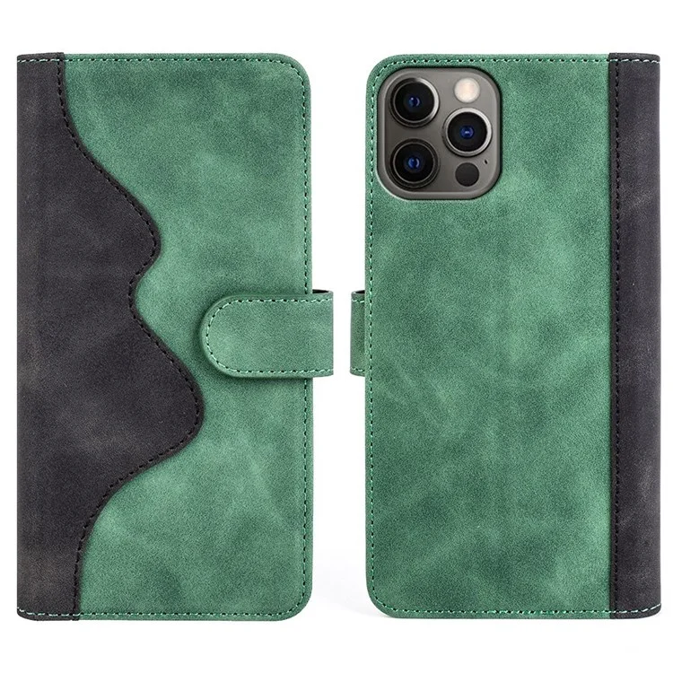 Para iPhone 12 6.1 polegadas/12 Pro 6.1 polegadas Splicing Wallet Phone Case PU Leather Stand Full Protection Flip Folio Cover - Verde