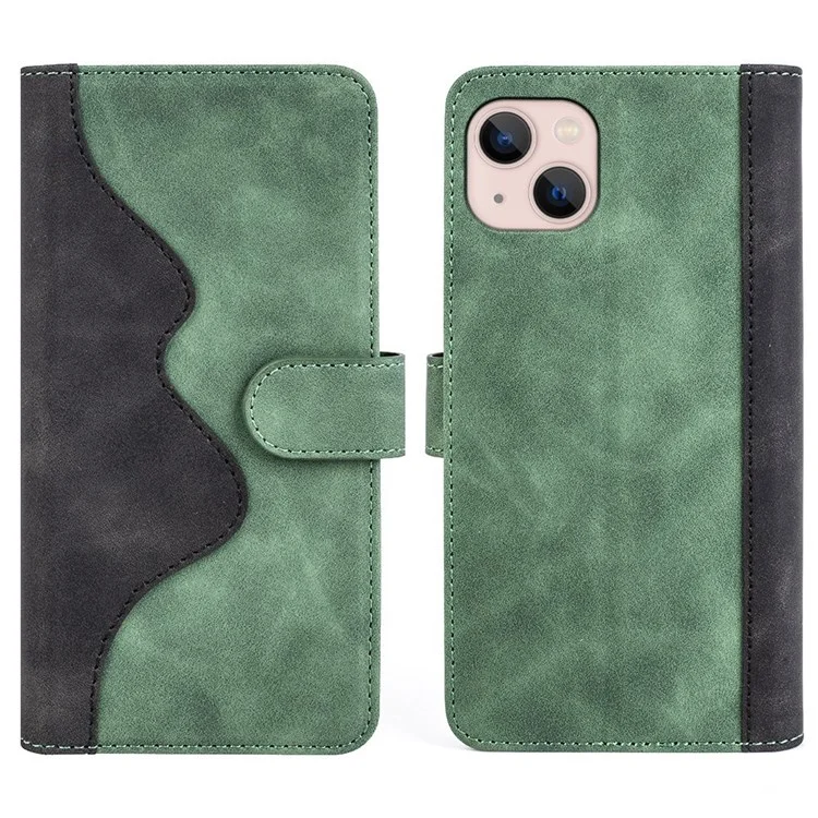 Phone Protective Cover Leather Case for iPhone 13 6.1 inch, Color Splicing Stand Wallet Function Smartphone Shell - Green