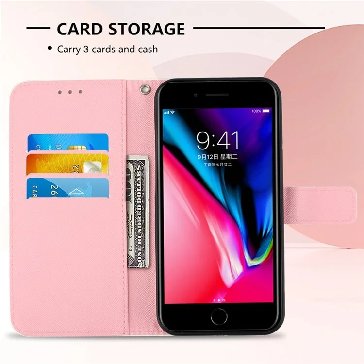 For iPhone SE (2020) / SE (2022) / 7 / 8 Leather Case 3D Pattern Printing Wallet Stand Mobile Cover with Strap - Rose Butterflies