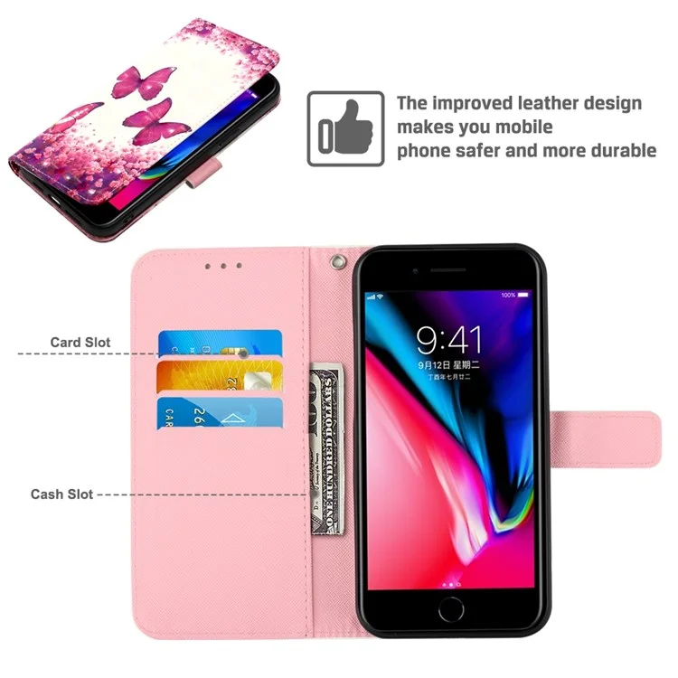 For iPhone SE (2020) / SE (2022) / 7 / 8 Leather Case 3D Pattern Printing Wallet Stand Mobile Cover with Strap - Rose Butterflies