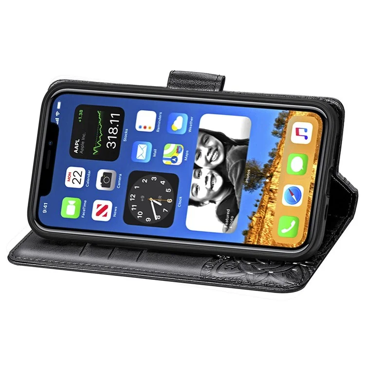 Für Iphone 12 Mini 5,4 Zoll Eingeprägter Schmetterlingsbrieftasche Hülle PU Leder Handgelenkständer Feature Flip Cover - Schwarz