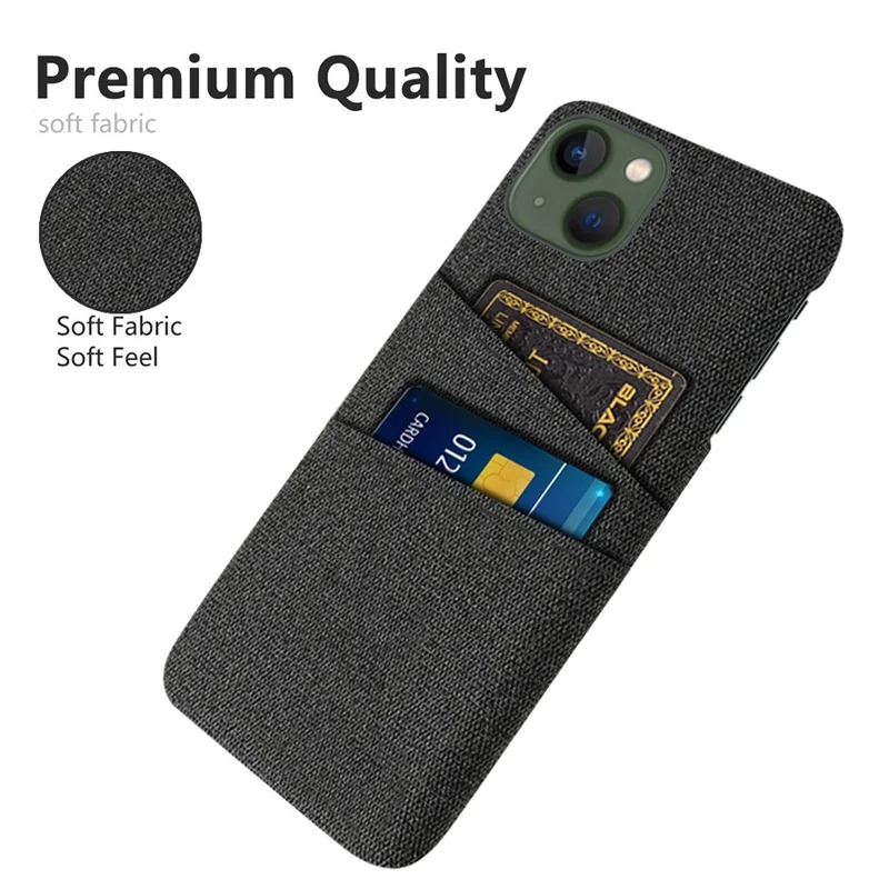 For iPhone 14 6.1 inch Cloth Texture Well-protected Phone Case Cloth + PC Cover with Dual Card Slots - Black