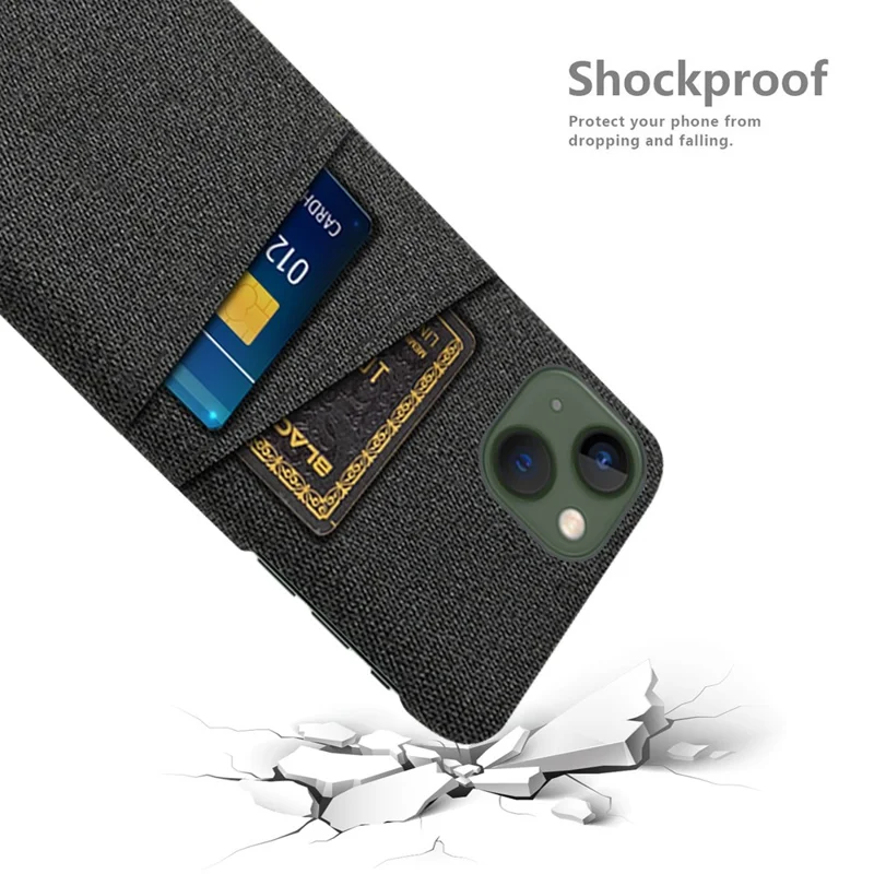 For iPhone 14 6.1 inch Cloth Texture Well-protected Phone Case Cloth + PC Cover with Dual Card Slots - Black