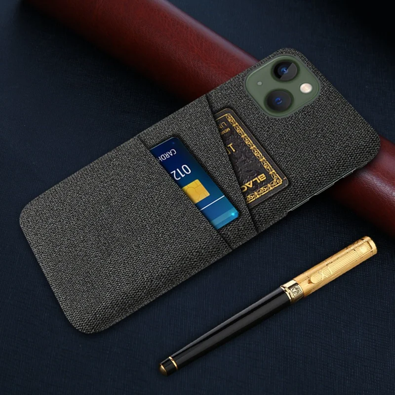 For iPhone 14 6.1 inch Cloth Texture Well-protected Phone Case Cloth + PC Cover with Dual Card Slots - Black