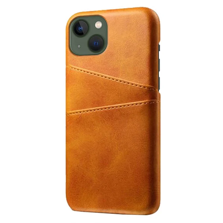 Wear-resistant Phone Case for iPhone 14 6.1 inch, PU Leather Coated Hard PC Dual Card Slots Protector - Orange