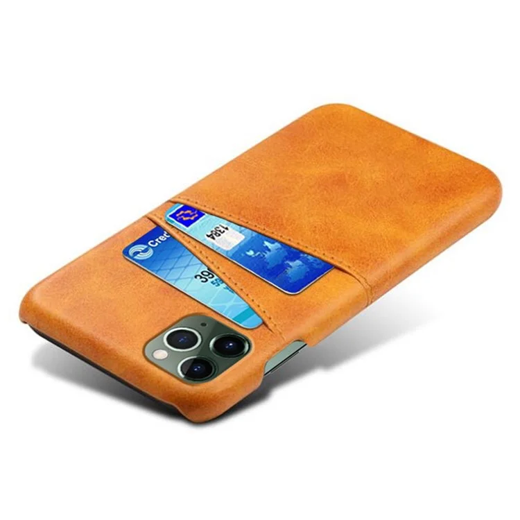 Wear-resistant Phone Case for iPhone 14 6.1 inch, PU Leather Coated Hard PC Dual Card Slots Protector - Orange