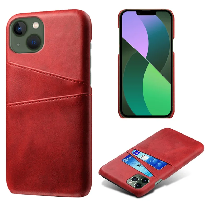 Wear-resistant Phone Case for iPhone 14 6.1 inch, PU Leather Coated Hard PC Dual Card Slots Protector - Red