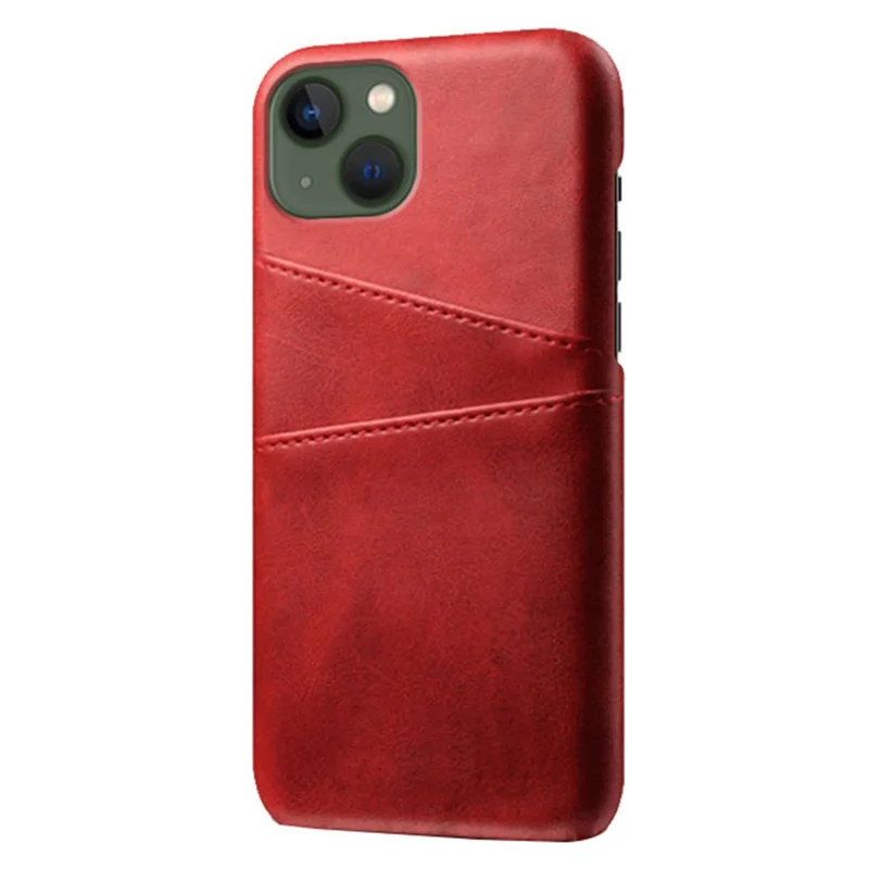 Wear-resistant Phone Case for iPhone 14 6.1 inch, PU Leather Coated Hard PC Dual Card Slots Protector - Red