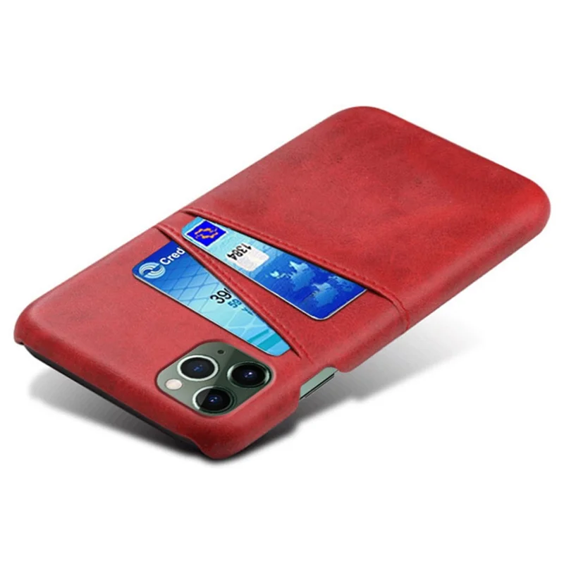 Wear-resistant Phone Case for iPhone 14 6.1 inch, PU Leather Coated Hard PC Dual Card Slots Protector - Red