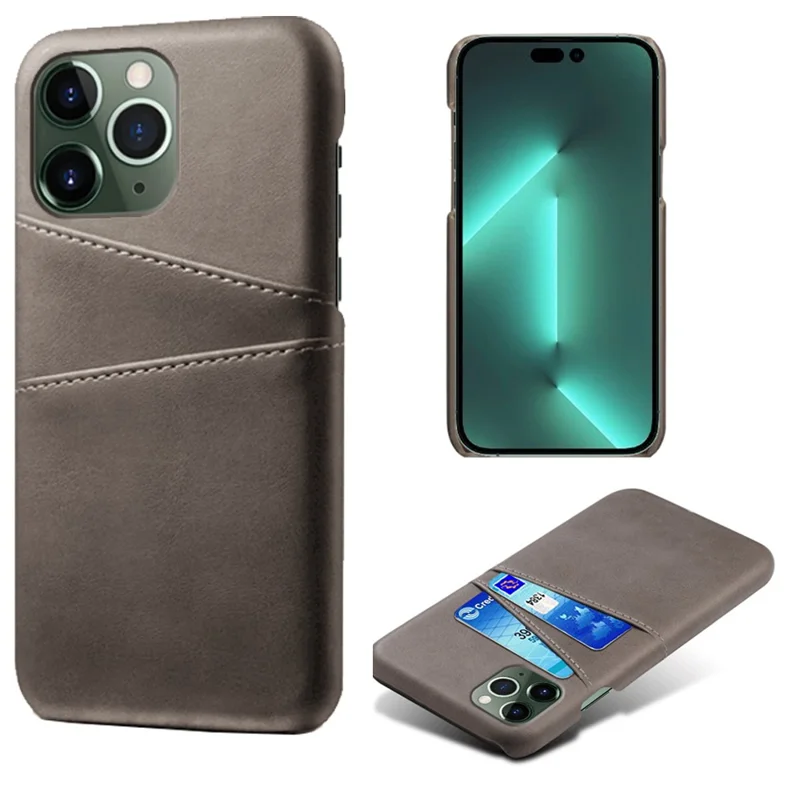 Mobile Phone Case for iPhone 14 Pro 6.1 inch, PU Leather Coated Hard PC Shockproof Dual Card Slots Shell - Grey
