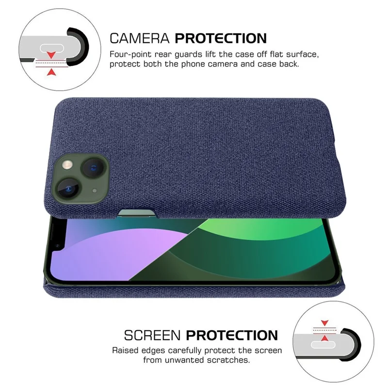 For iPhone 14 6.1 inch Well-protected Anti-scratch Phone Case Solid Color Hard PC+Cloth Cell Phone Shell Cover - Blue