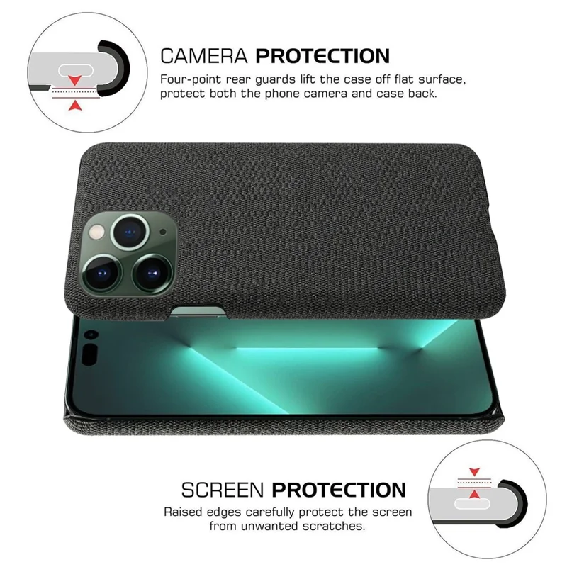 For iPhone 14 Pro 6.1 inch Protective Phone Case Solid Color Hard PC+Cloth Shockproof Phone Shell Cover - Black