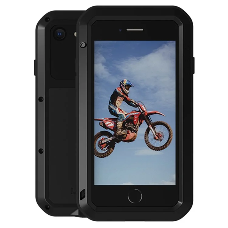 LOVE MEI for iPhone SE (2022) / SE (2020) Shockproof Splash-proof Dust-proof Phone Case Silicone + Metal Cover with Tempered Glass Film - Black