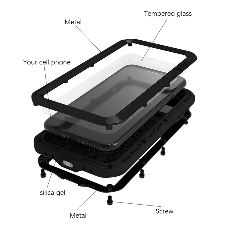LOVE MEI for iPhone SE (2022) / SE (2020) Shockproof Splash-proof Dust-proof Phone Case Silicone + Metal Cover with Tempered Glass Film - Black