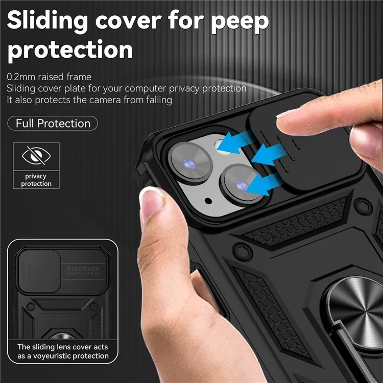para iPhone 14 Plus de 6,7 pulgadas Funda de teléfono con protección de la cámara deslizante, cubierta protectora, material de PC duro + TPU suave a prueba de golpes con soporte, color negro
