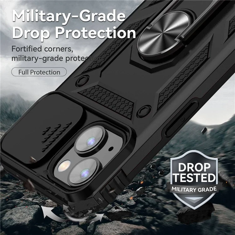 para iPhone 14 Plus de 6,7 pulgadas Funda de teléfono con protección de la cámara deslizante, cubierta protectora, material de PC duro + TPU suave a prueba de golpes con soporte, color negro
