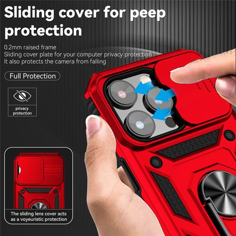 for iPhone 14 Pro Max 6.7 inch Hard PC + Soft TPU Military-grade Anti-drop Case Kickstand Feature Phone Shell with Slide Camera Protection Cover - Red