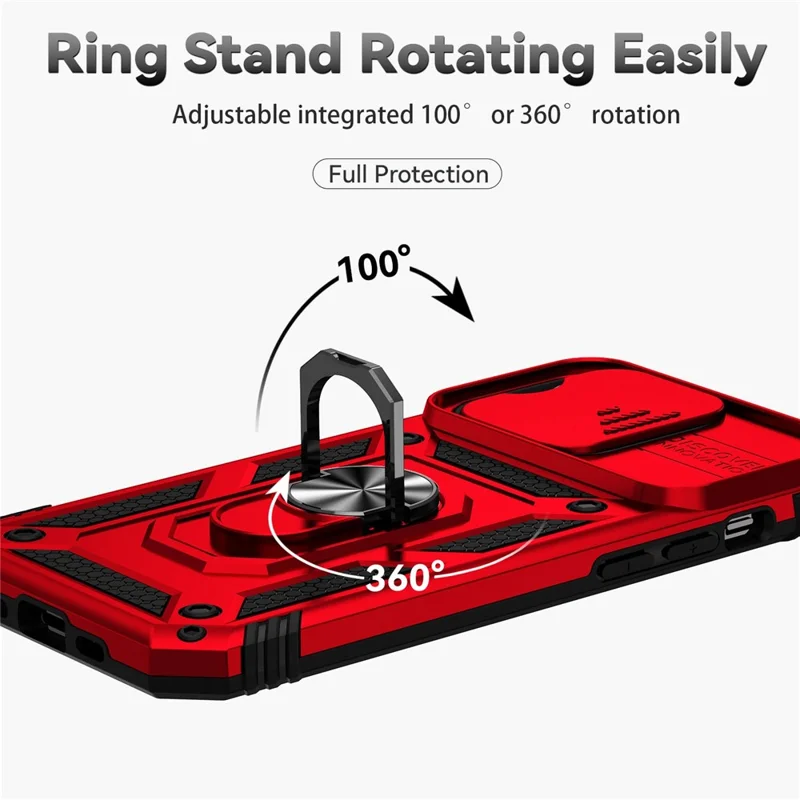 for iPhone 14 Pro Max 6.7 inch Hard PC + Soft TPU Military-grade Anti-drop Case Kickstand Feature Phone Shell with Slide Camera Protection Cover - Red