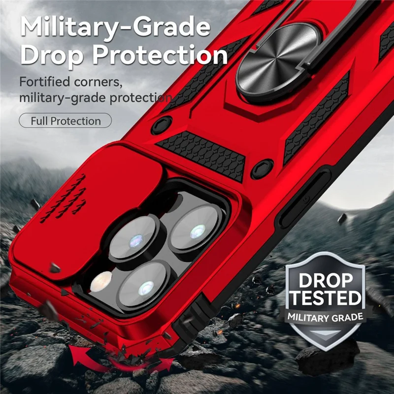 for iPhone 14 Pro Max 6.7 inch Hard PC + Soft TPU Military-grade Anti-drop Case Kickstand Feature Phone Shell with Slide Camera Protection Cover - Red