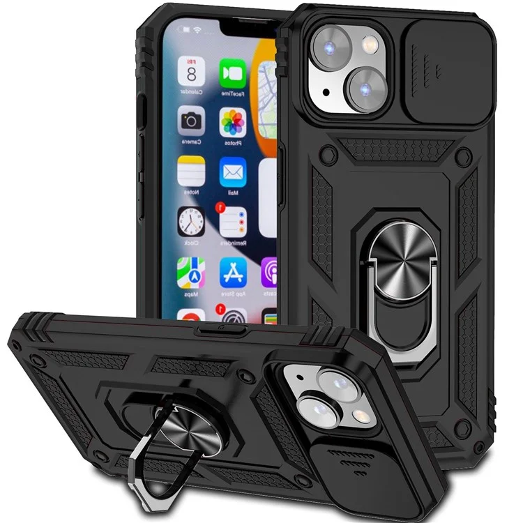 For iPhone 14 6.1 inch 360-degree Rotary Kickstand Case Hard PC + TPU All-inclusive Protection Phone Cover with Slide Camera Protection Cover - Black