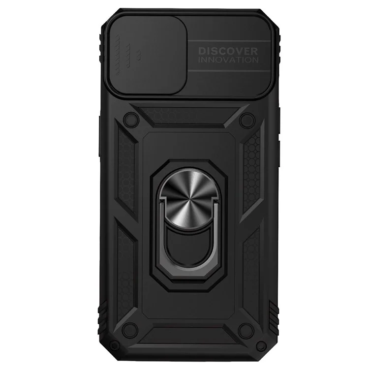 For iPhone 14 6.1 inch 360-degree Rotary Kickstand Case Hard PC + TPU All-inclusive Protection Phone Cover with Slide Camera Protection Cover - Black