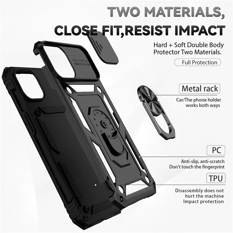 For iPhone 14 6.1 inch 360-degree Rotary Kickstand Case Hard PC + TPU All-inclusive Protection Phone Cover with Slide Camera Protection Cover - Black