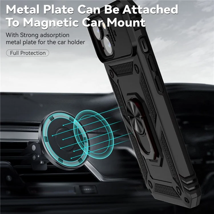 For iPhone 14 6.1 inch 360-degree Rotary Kickstand Case Hard PC + TPU All-inclusive Protection Phone Cover with Slide Camera Protection Cover - Black