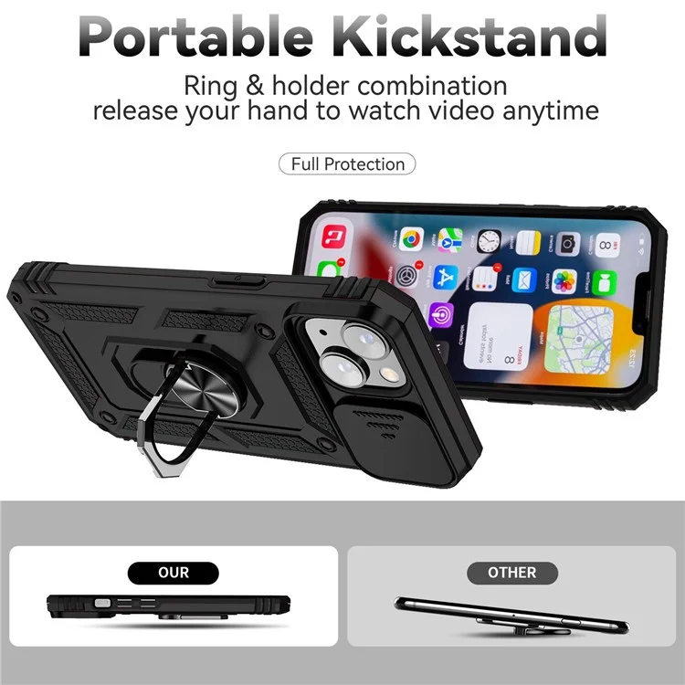 For iPhone 14 6.1 inch 360-degree Rotary Kickstand Case Hard PC + TPU All-inclusive Protection Phone Cover with Slide Camera Protection Cover - Black