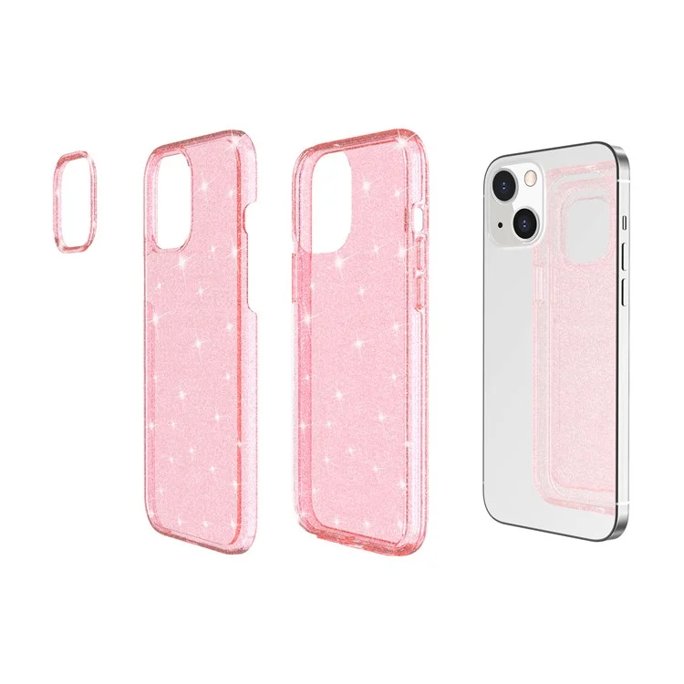 Shiny Glittery Powder Phone Case for iPhone 14 6.1 inch, Shockproof Soft TPU + Hard PC Protective Cover - Pink