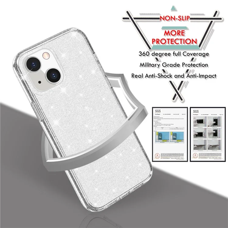 Shiny Glittery Powder Phone Case for iPhone 14 6.1 inch, Shockproof Soft TPU + Hard PC Protective Cover - Pink